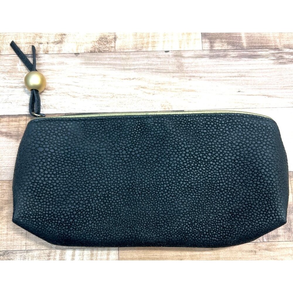 Black Faux Stingray Textured Zippered Clutch With Gold Accent Bead & Leather Pul